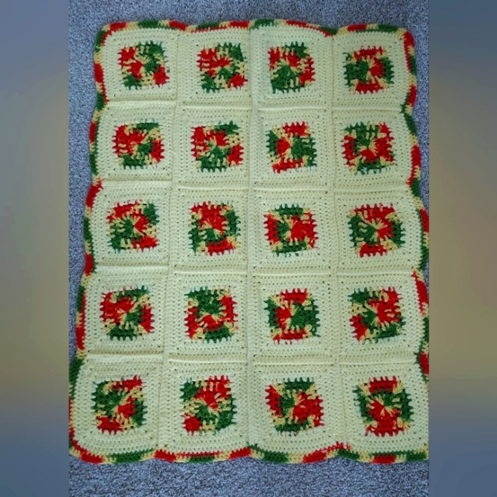 Handmade Crocheted Butter Yellow Red Green Throw Lap Blanket Afghan Granny 24x30
